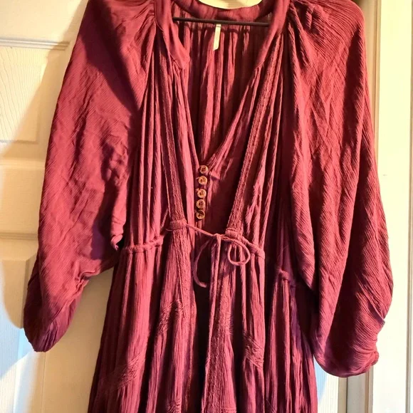 Free People Burgundy Maxi Dress with V-Neck and Drawstring - Picture 3 of 5